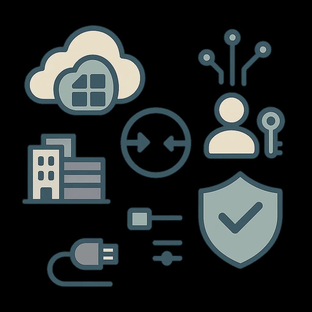 Illustration of hybrid cloud connectivity between on-prem infrastructure and Azure services.