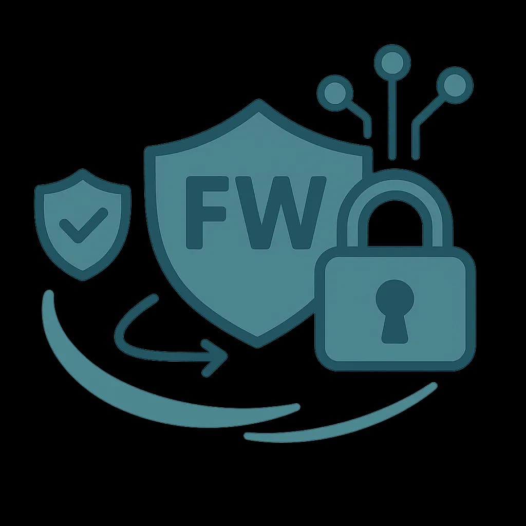 Illustration of a firewall dashboard with consolidated rules and compliance checkmarks.