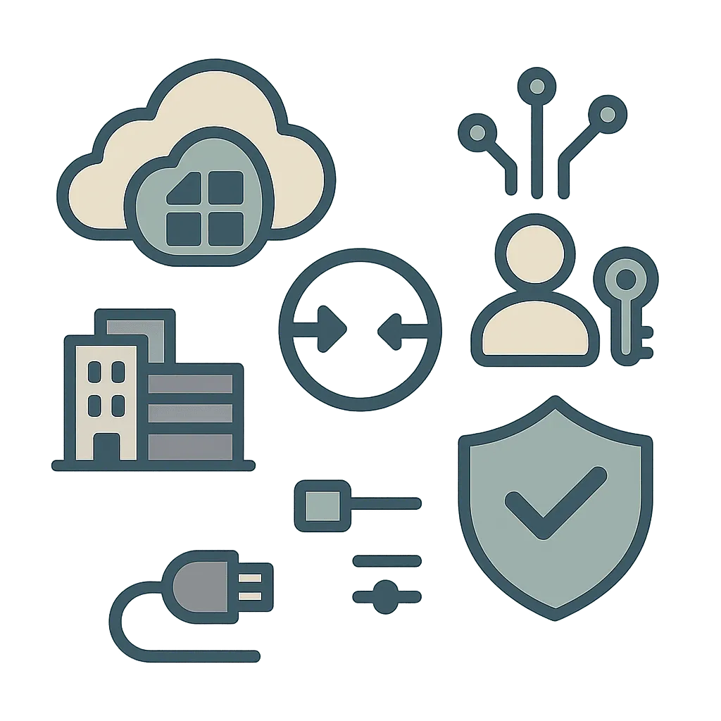Illustration of hybrid cloud connectivity between on-prem infrastructure and Azure services.