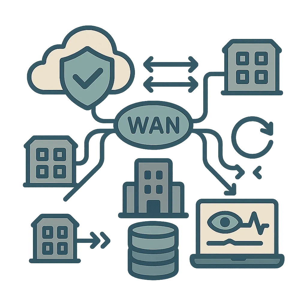 Illustration of multiple branch sites linked via SD-WAN connections with redundancy indicators.